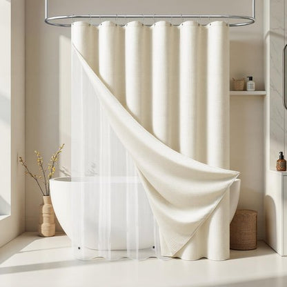 Dynamene Stall Shower Curtain and Liner Set - 36 x 72 inch Half Waffle Fabric, Narrow Waterproof Clear Liner, Heavy Duty Weighted Hotel Luxury Cloth Shower Curtains for Bathroom with 6 Hooks, Ivory