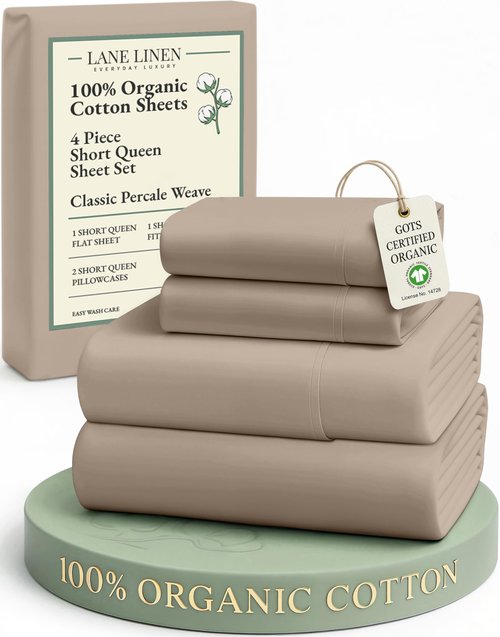LANE LINEN 100% Organic Cotton RV Queen Sheet Sets, 4Pc Cotton Bed Sheets Short Queen Size, Percale Weave, Luxury Hotel Sheets RV Queen Size, Breathable RV Queen Sheet Deep Pocket Upto 15" - Taupe