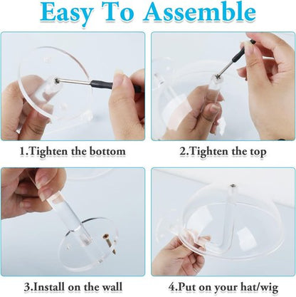LUTTY Wall-Mounted Clear Acrylic Hat Display Stand - 2 Pcs Domed Holder for Baseball Caps & Wigs