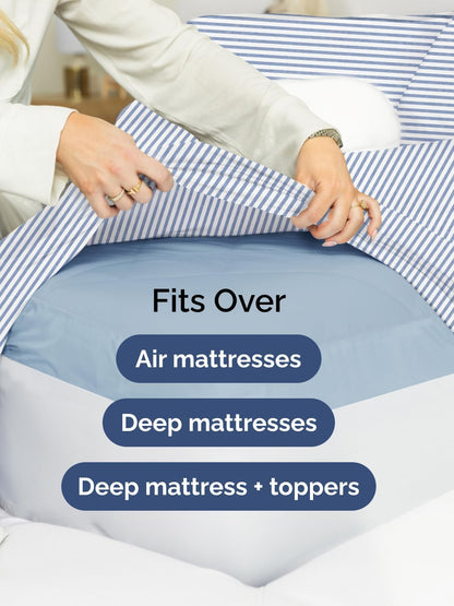 Skiennix Extra Deep Queen Sheet Set - 6 Piece Breathable Cooling Bedding - Soft Wrinkle-Free Blue Stripes