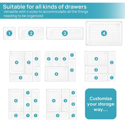 Vtopmart 25 PCS Clear Plastic Drawer Organizers Set, 4-Size Versatile Bathroom and Vanity Drawer Organizer Trays, Storage Bins for Makeup, Bedroom, Kitchen Gadgets Utensils and Office