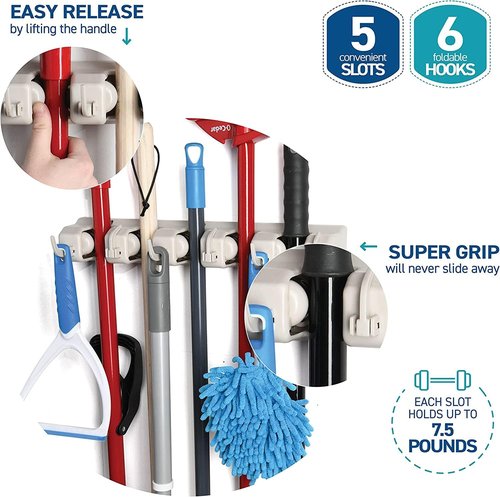 Garage Storage Organizer | Mop and Broom Holder Wall Mount 2 Pack - 5 Slots, 6 Hooks, 7.5lbs Capacity - Off-White