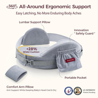 Momcozy CozyPro Nursing Pillow - All Around Lumbar & Arm Support - Safety Guard, Firm & Springy Memory Foam-Stable, Ergonomic Support, Easier Breastfeeding, Wider Cushion, Adjustable, Removable Cover