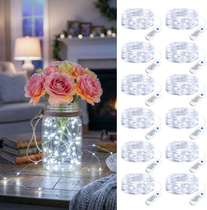 Minetom 12 Pack Battery Operated Fairy String Lights - 8 Modes, 7ft, 20 LED Waterproof Silver Wire for DIY Decor
