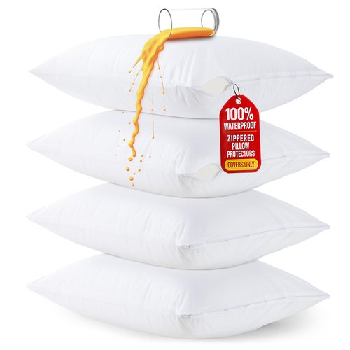 Set of 4 Pillow Protectors with Zipper Standard Size, Bed Bug and Dust Mite Proof Pillow Covers, Ultra Soft Pillow Encasements, Moisture Wicking and Waterproof Pillow Cases by Utopia Bedding (White)