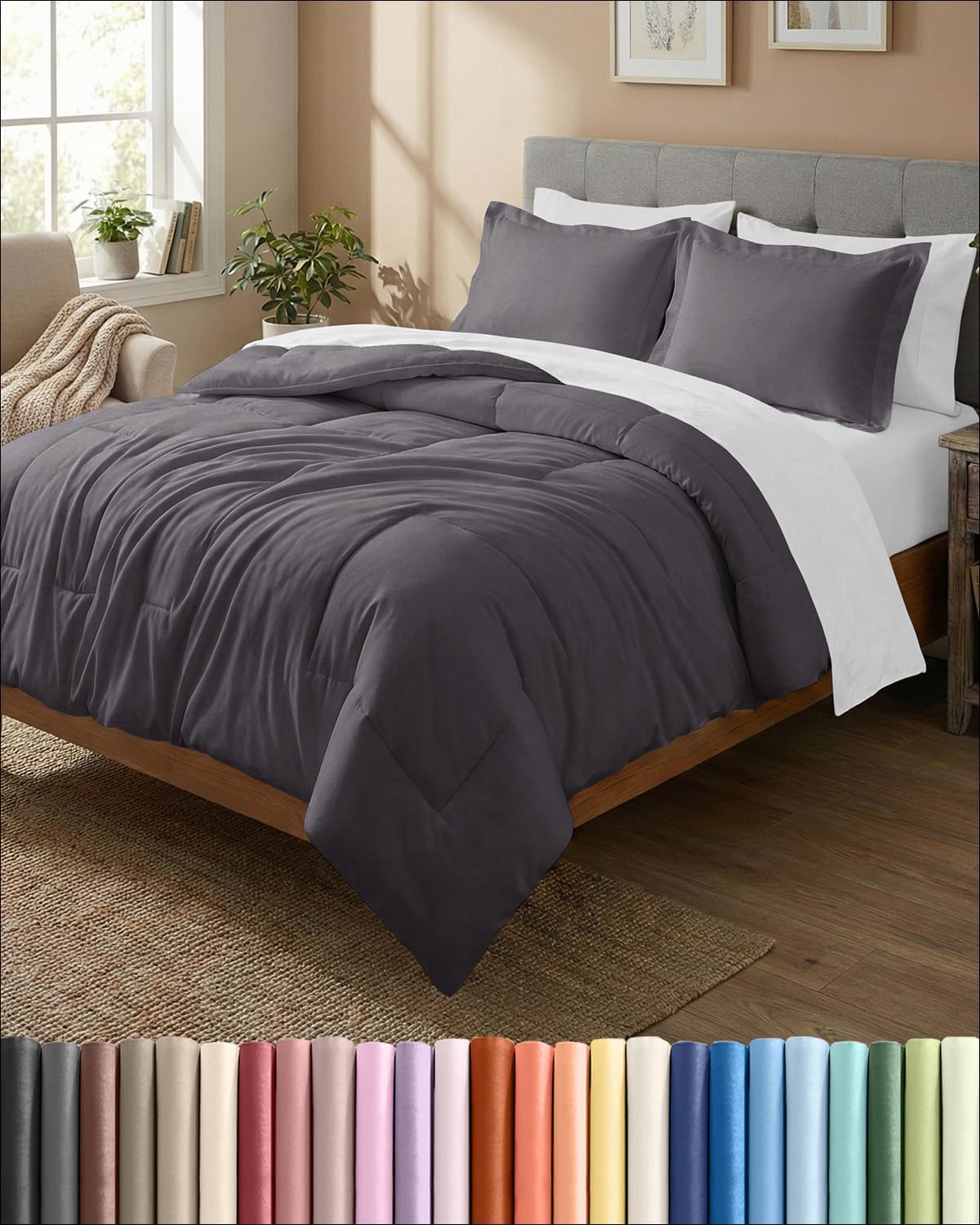 Queen Comforter Set - 3-Piece Soft Quilted Bed Set with Pillow Shams - Comfy & Breathable Dark Grey