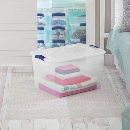 Clear Plastic Storage Bins by [Brand Name] - 66 Quart Durable Containers with Secure Blue Latch Lid | Stackable for Home & Garage Organization