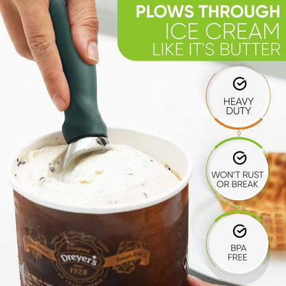 Spring Chef Ice Cream Scoop - Heavy Duty Soft Grip Handle for Cookie Dough & Gelato | Pine Green