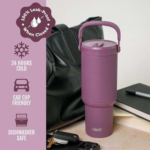 Ello Oasis Go+ 26oz Tumbler - Reusable Insulated Stainless Steel Cup | 100% Leakproof, 24-Hour Cold, Wild Raspberry