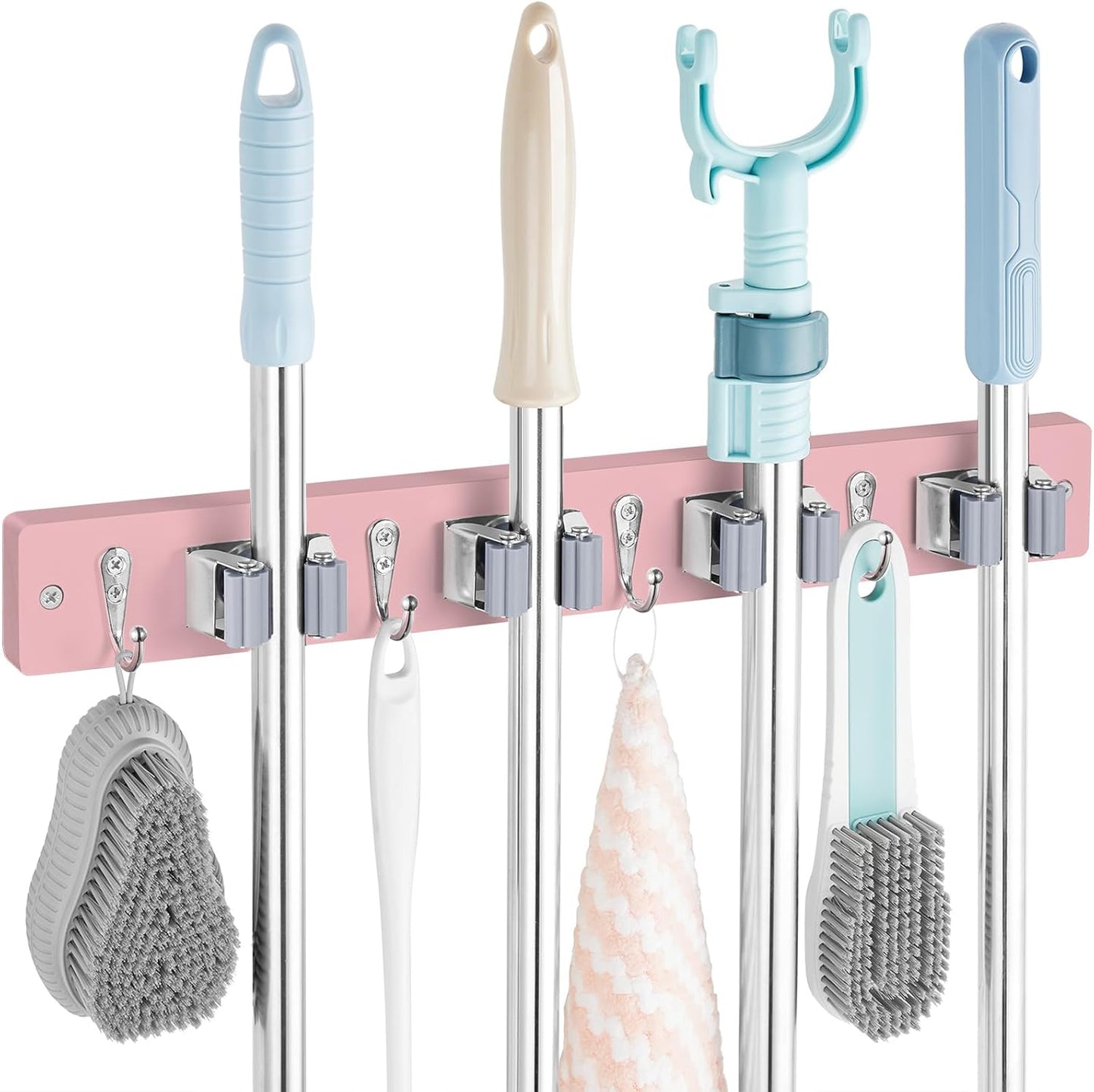 OUTNILI Pink Mop Broom Holder - Wall Mount Organizer with 4 Slots & Hooks for Kitchen Decor