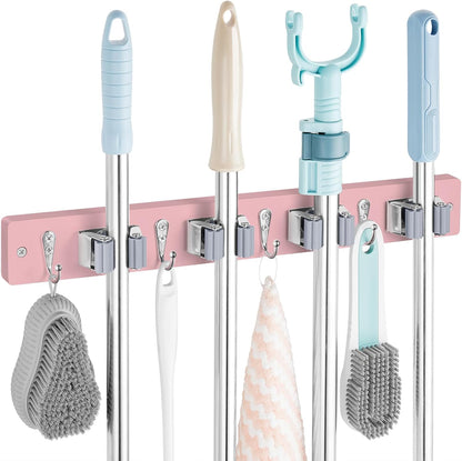 OUTNILI Pink Mop Broom Holder - Wall Mount Organizer with 4 Slots & Hooks for Kitchen Decor