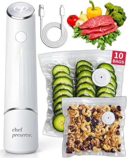 Chef Preserve Compact Vacuum Sealer - Powerful Handheld Food Sealer with 10 Reusable Bags | Meal Saver