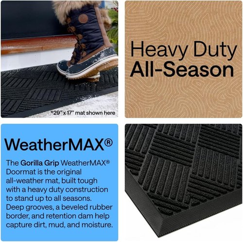 GORILLA GRIP Waterproof All-Season WeatherMAX Doormat - Natural Rubber, Stain & Fade Resistant, 23x35, Black Diamond