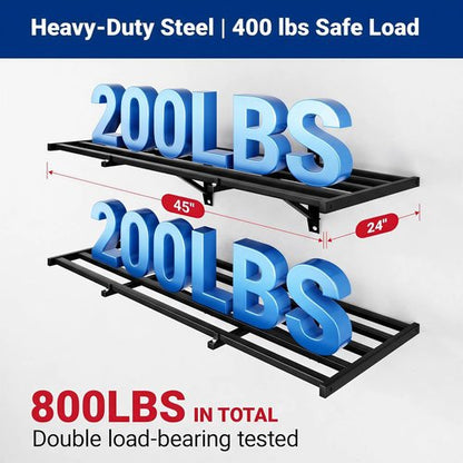 FLEXIMOUNTS 2x4ft Heavy Duty Garage Wall Shelving - 400lbs Capacity | 2-Pack with 8 Hooks for Tools & Supplies
