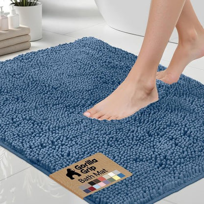 GORILLA GRIP Bath Rug Mat - Soft Absorbent Chenille | Quick-Dry Microfiber, 48x17, Blue