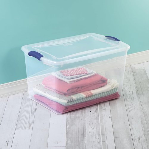 Large Clear Plastic Storage Bins - 66 Quart Stackable Containers with Blue Latch | 2 Pack for Home & Office Organization