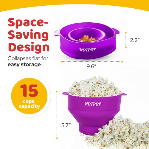 Hotpop Microwave Popcorn Popper - BPA-Free Silicone Maker, Collapsible Bowl | Available in 20 Colors (Purple)