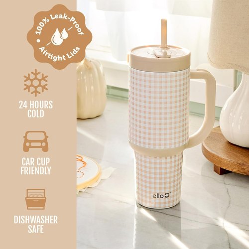 Ello Oasis 40oz Stainless Steel Water Bottle - Stylish Beige Gingham Design