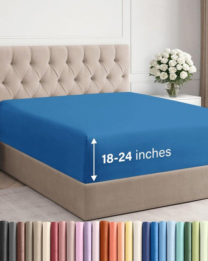 Extra Deep Queen Fitted Sheet - Hotel Luxury Single Fitted Sheet Only - Easily Fits 18 inch to 24 inch Mattress - Ultra Soft, Wrinkle & Fade Free w/Extra Deep Pocket - Breathable & Comfy - Royal Blue