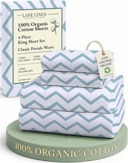 LANE LINEN 100% Organic Cotton King Sheets - Soft, Comfy Percale Bedding Set | Chevron Design