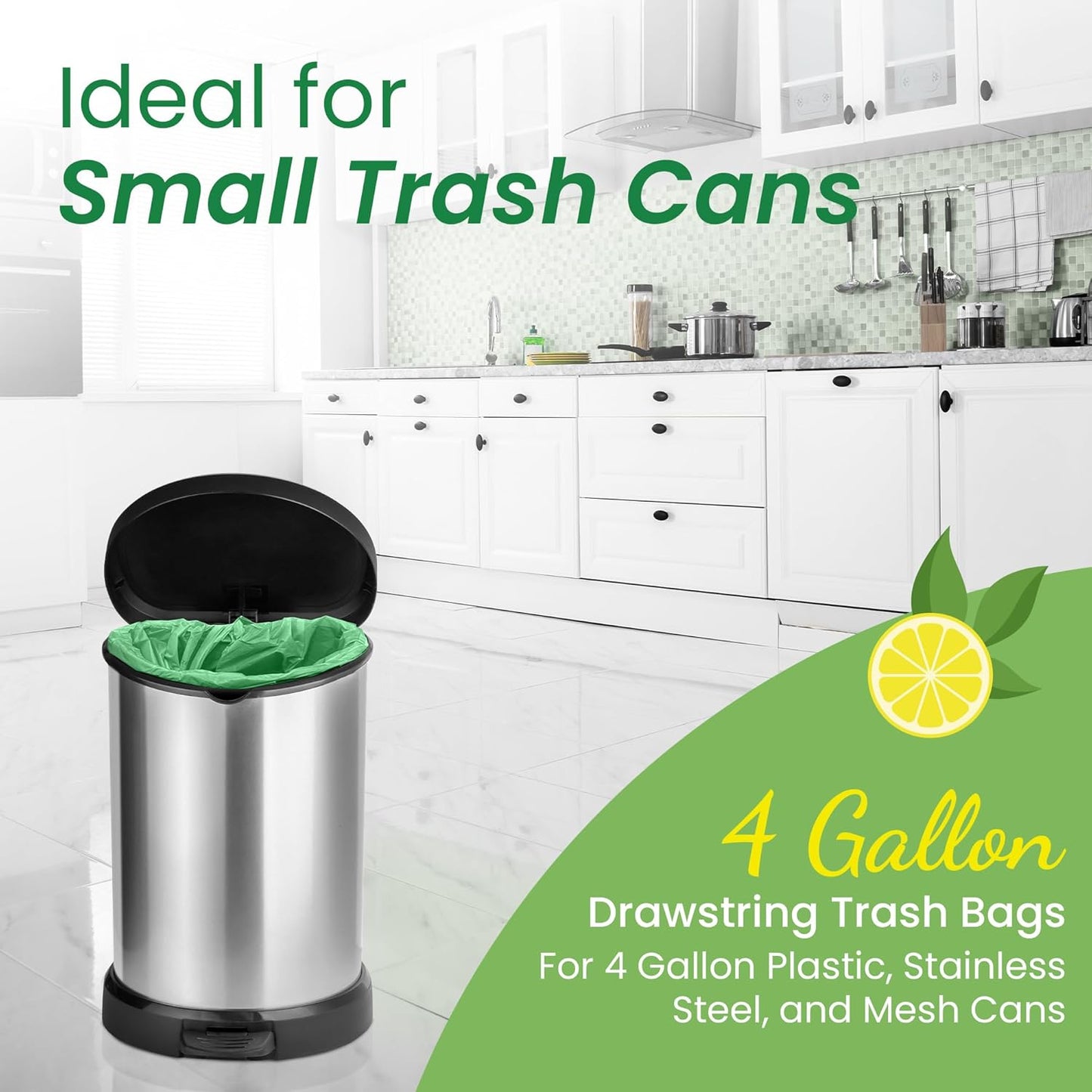 Reli. Citrus Scented Drawstring Trash Bags - 4 Gallon, 100 Count | Ideal for Bathroom Use