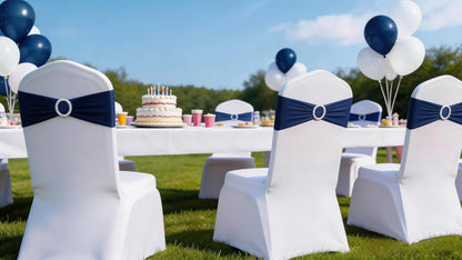 Skiennix Navy Blue Chair Sashes - 100 Pack Spandex Chair Bands with Buckles for Events & Parties