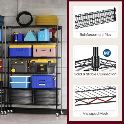 BestOffice 6-Tier Wire Storage Shelves - Heavy-Duty Adjustable Racks with Wheels | 48x18x77 | Black | Easy No-Tool Assembly