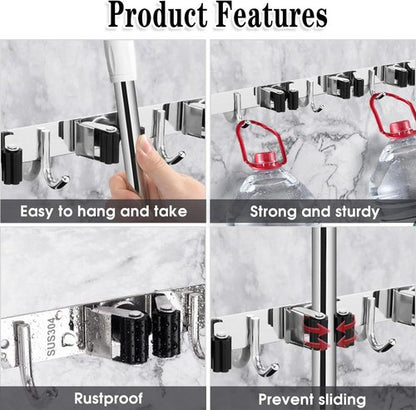 AceMining Wall Mounted Broom and Mop Holder - Heavy Duty Stainless Steel Organizer with 5 Racks & 4 Hooks