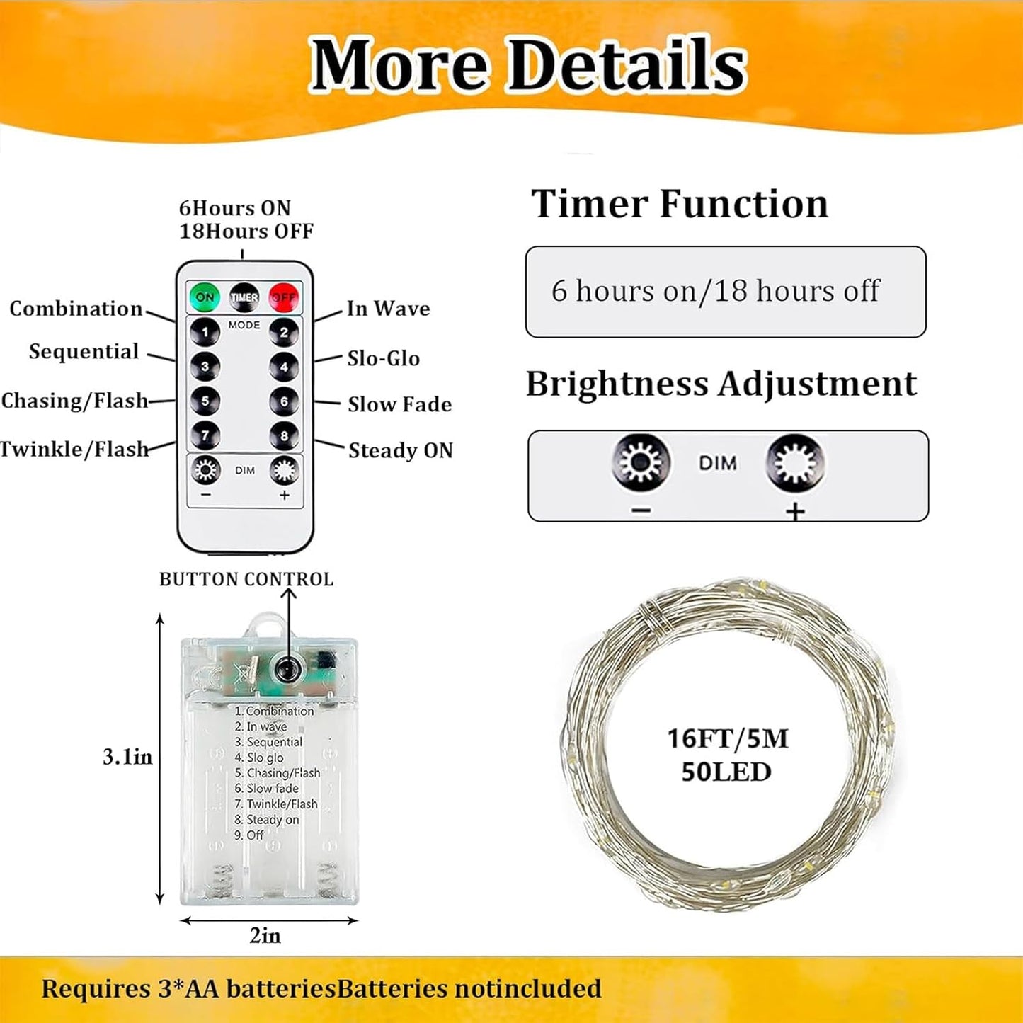 Skiennix 50 LED Fairy Lights - Battery Operated with Remote Control Timer | 16 FT Warm White Twinkle String Lights for Indoor & Outdoor Décor