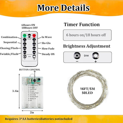 Skiennix 50 LED Fairy Lights - Battery Operated with Remote Control Timer | 16 FT Warm White Twinkle String Lights for Indoor & Outdoor Décor