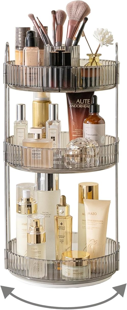Asayuee 360 Rotating Makeup Organizer - Large 3-Tier Storage for Cosmetics & Skincare | Grey