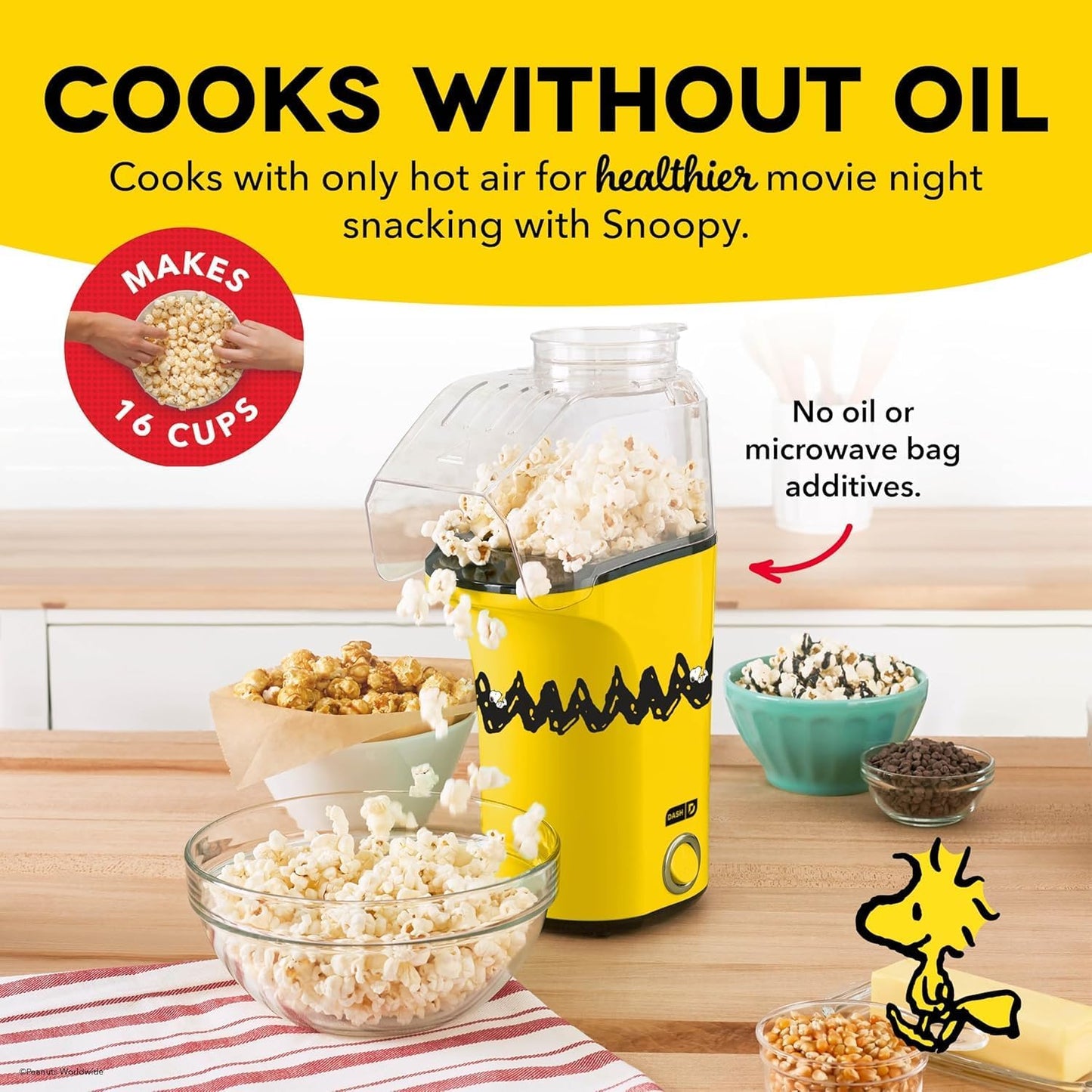 Peanuts DASH Fresh Pop Popcorn Maker - Oil-Free Air Popper with Measuring Cup & Recipe Guide - 16 Cups for Movie Nights
