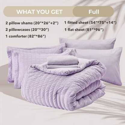 HYMOKEGE Lavender Full Size Comforter Sets Seersucker 7 Pieces, All Season Luxury Bed in a Bag for Bedroom, Bedding Set with Comforters, Sheets, Pillowcases & Shams