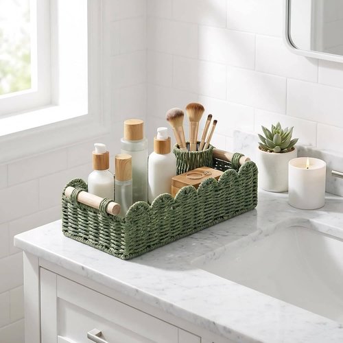 CubesLand Toilet Paper Storage Basket - Scalloped Edge Green Decor | Cozy Small Paper Rope Baskets with Handles