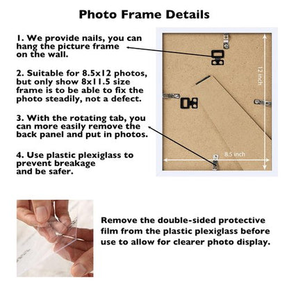 JCJMY 8.5x12 Picture Frame White for Wall Hanging or Tabletop, Wall Mounting Horizontally or Vertically, 8.5 x 12 Wall Gallery Poster Photo Frame with Shatter Resistant Plexiglass, White