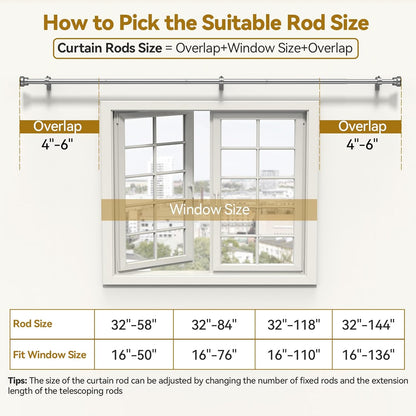 YaFex Curtain Rods - Heavy Duty 1-Inch Adjustable Window Treatment Rods | 32-84 Inch, Silver Finish