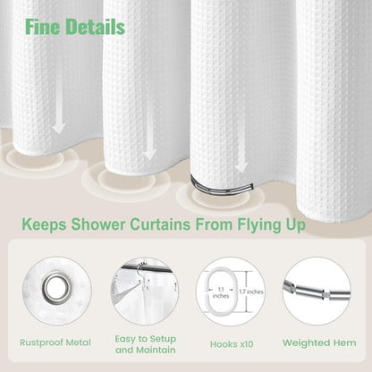Dynamene Stall Shower Curtain and Liner Set - 60 x 84 inch Long Waffle Fabric, Waterproof Clear Liner, Heavy Duty Weighted Hotel Luxury Cloth Shower Curtains for Bathroom with 10 Hooks, 60x84, White