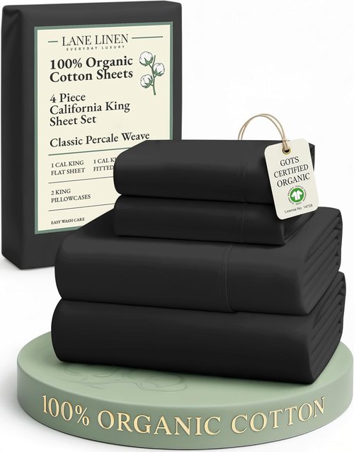 Lane Linen 100% Organic Cotton California King Sheets Set - Ultra Soft Percale Weave, Fits Mattresses Up to 15" Deep | Black