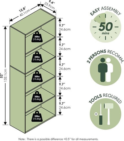 Furinno LUDER 5-Tier Bookshelf - Open Shelves Design for Easy Assembly | Sage Green, 9.4 x 15.8 x 52 Inches