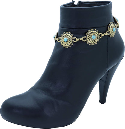 Skiennix Women's Western Antique Metal Boot Chain Anklet - Turquoise Blue Bead Flower Charm