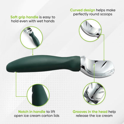 Spring Chef Ice Cream Scoop - Heavy Duty Soft Grip Handle for Cookie Dough & Gelato | Pine Green