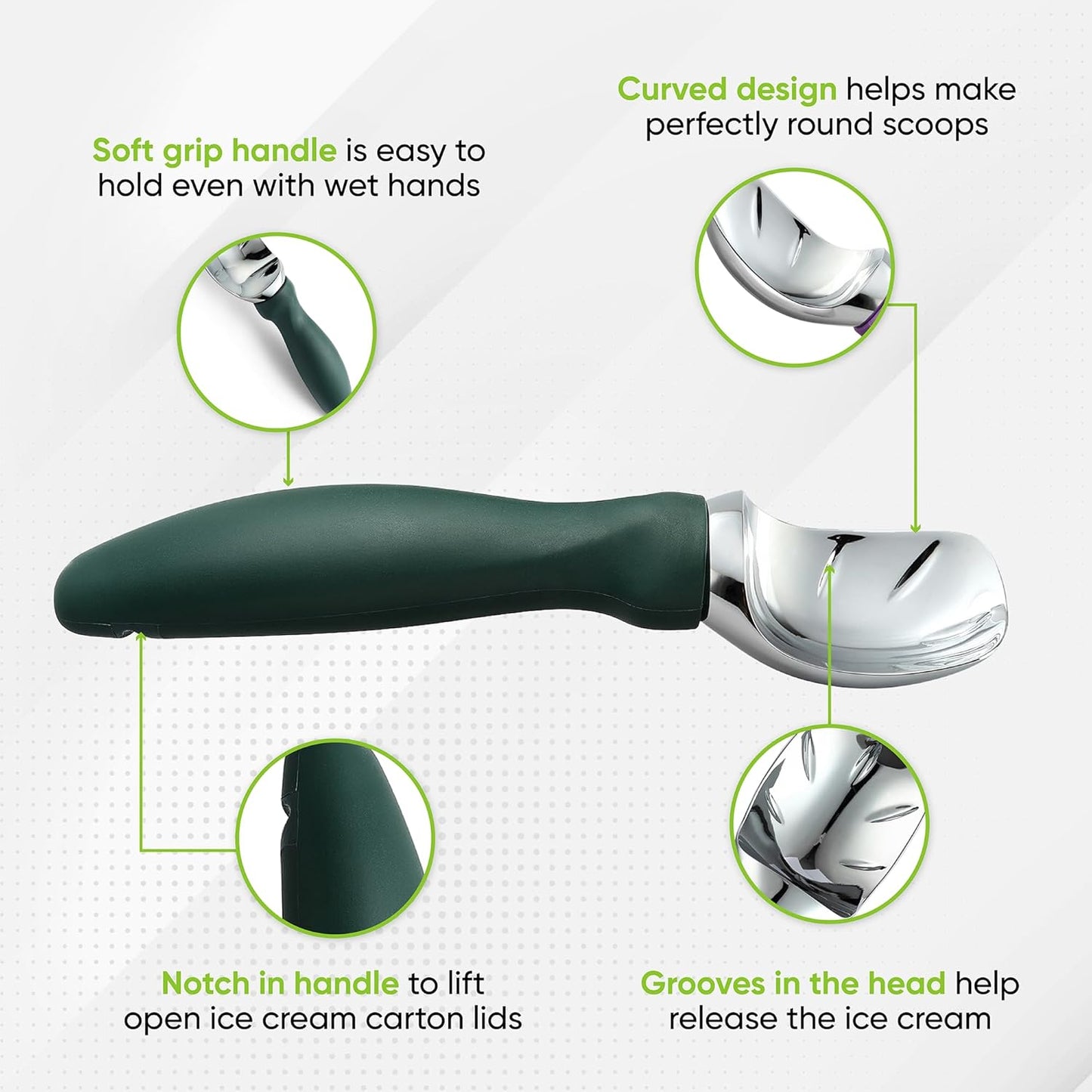 Spring Chef Ice Cream Scoop - Heavy Duty Soft Grip Handle for Gelato, Sorbet & More - Pine Green