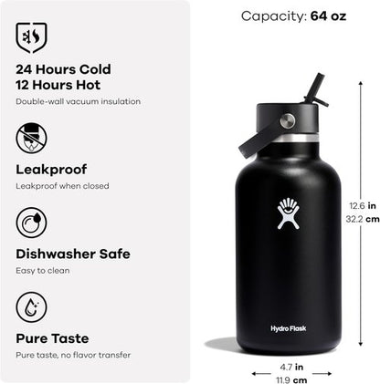 Hydro Flask Water Bottle - Insulated Stainless Steel with Wide Mouth Flex Straw Lid | 64 Oz White, Leakproof & Refillable