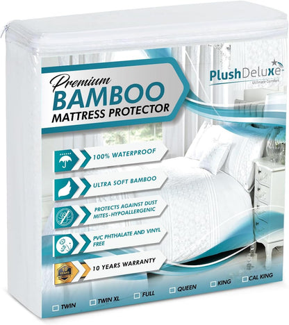 PlushDeluxe Premium Bamboo Mattress Protector - Waterproof, Ultra Soft & Breathable Twin Size Cover - White
