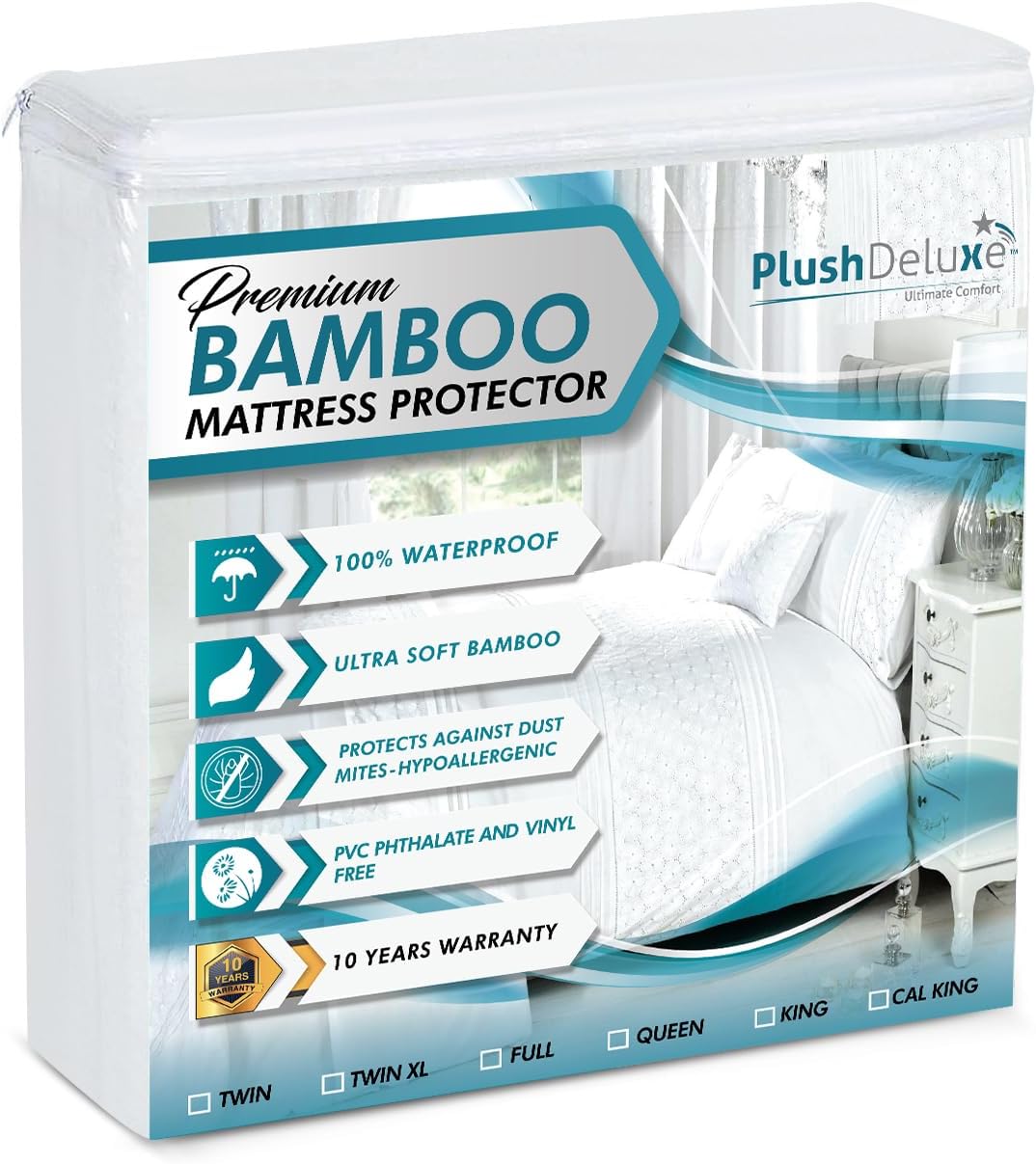 PlushDeluxe Premium Viscose Mattress Protector - Waterproof & Ultra Soft Cal-King Size Cover 72x84 Inches