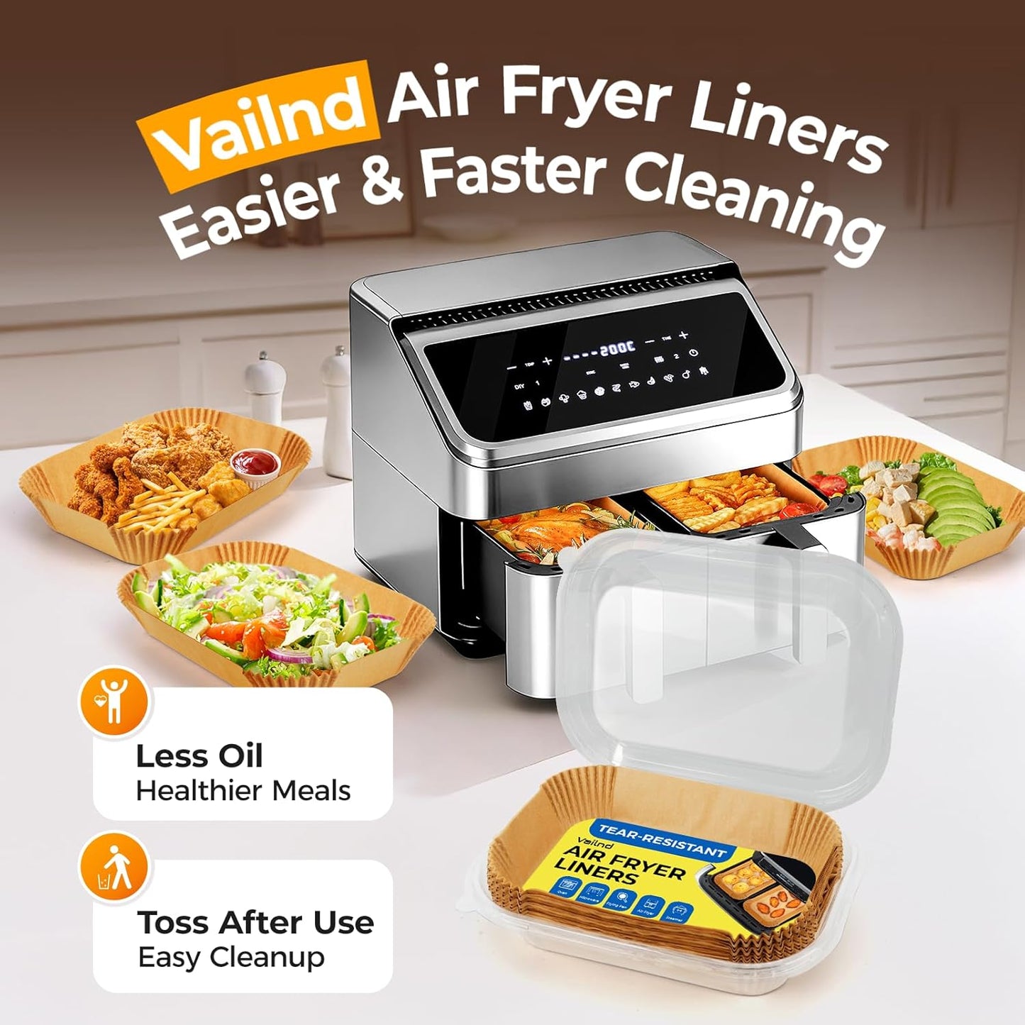 Vailnd Air Fryer Liners - 125 Pcs Disposable Parchment Paper for Ninja & Chefman Dual Basket | 8x5.5 Inch