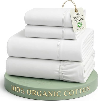 LANE LINEN Organic Cotton Queen Sheet Set - Eco-Friendly, Soft & Comfy, 15" Deep Pocket - White