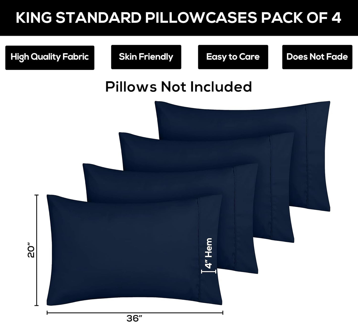 Utopia Bedding King Pillow Cases - Soft Brushed Microfiber - 4 Pack, Navy | 20 X 36 Inches