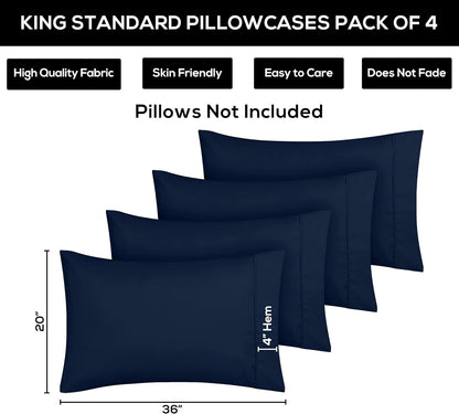 Utopia Bedding King Pillow Cases - Soft Brushed Microfiber - 4 Pack, Navy | 20 X 36 Inches