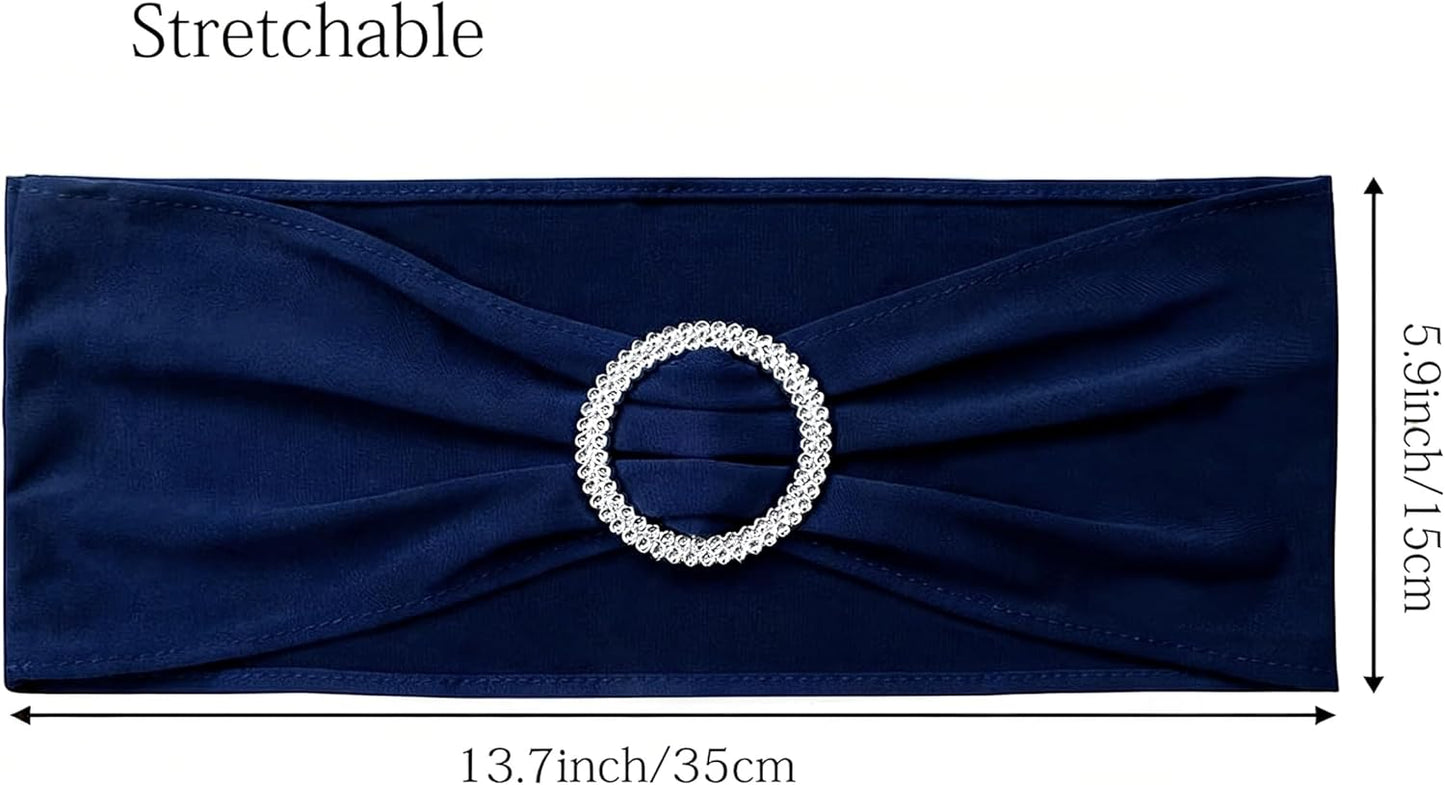 Skiennix Navy Blue Chair Sashes - 100 Pack Spandex Chair Bands with Buckles for Events & Parties